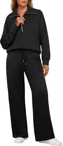 GRECERELLE Tracksuit Womens Full Set Autumn Lounge Wear Sets for Women Activewear Two Piece Outfits Long Sleeve Half Zip Casual Pullover Tops and Jogging Bottoms with Pockets (Black, S)
