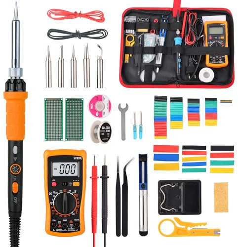 Soldering Iron Kit: 60W Welding Tools with LCD Digital Multimeter, Adjustable Temp 200-450°C, Electric Soldering Iron Set with 5 Soldering Tips, Solder Wire, Desoldering Pump, Tool Bag (Orange)