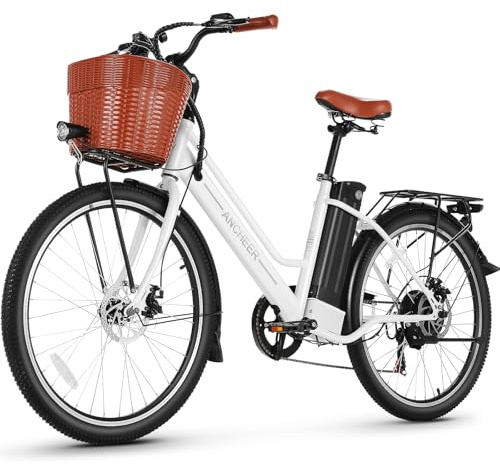 ANCHEER Vélo électrique 26 pour adultes, 7 vitesses avec batterie amovible 36 V 10,2 Ah, 25 km/h et portée de 70 à 100 km, avec panier pour les trajets urbains, hommes et femmes