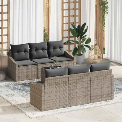 Bucmath Garten Loungesofa Set mit Kissen, 7-teilig, Grau, Poly-Rattan, modular, wetterfest, Stauraum, für Terrasse und Balkon