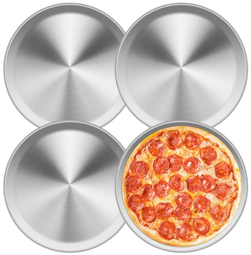 QinyOulhause Set 4 Teglie per Pizza Rotonde in Acciaio Inox 26 cm – Teglia da Forno per Cuocere Servire e Arrostire Facile da Pulire e Lavabile in Lavastoviglie