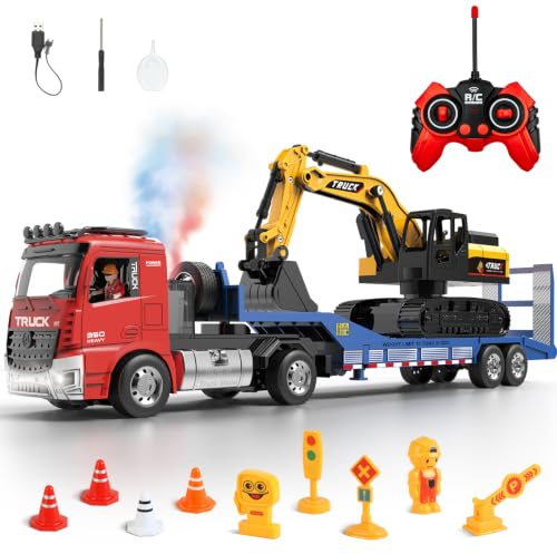 Khcnum RC Semi-Trailer Truck & Excavator Toy Set, 1:24 Scale, Red | Friction Powered Excavator, Sound and Lights, 6 CH Remote Control Flatbed Truck, Inertia-Powered Excavator, For Kids Boys