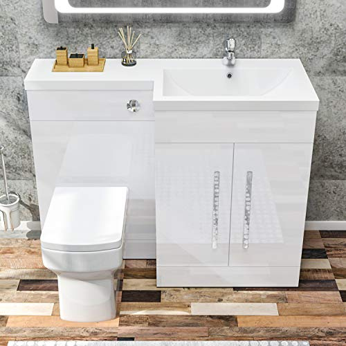 ELEGANT 1100mm L Shape Bathroom Vanity Sink Unit Furniture Storage,Right Hand High Gloss White Vanity unit + Basin + Ceramic Square Toilet with Concealed Cistern