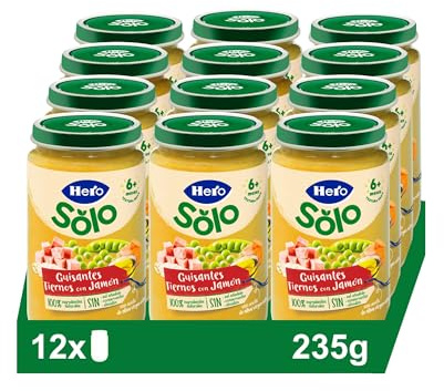 Hero Baby Tarrito Infantil - Tarritos de Guisantes Tiernos con Jamón, Sin Aceite de Palma, Sin Sal Añadida, Para Bebés desde 6 meses, Ingredientes 100% naturales, 235 g (Paquete de 12)
