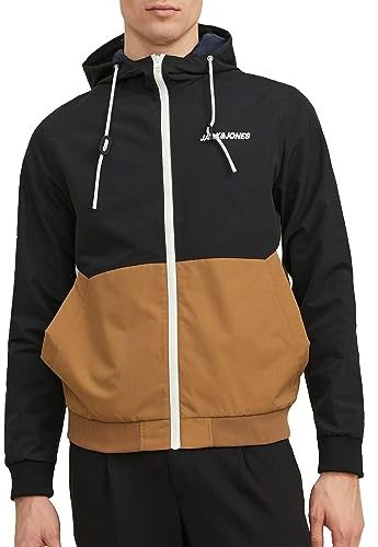 JACK & JONES Jjerush Hood Bomber Noos Homme Blouson aviateur, Noir/détails : outre/blanc, M