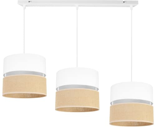 Light-Home Juta Hängelampe - Deckenlampe - Pendelleuchte aus Metall mit Lampenschirm aus Stoff - E27 - Klassisch 3-Flammig 20 cm - Weiß Untersatz - Jute Weiß