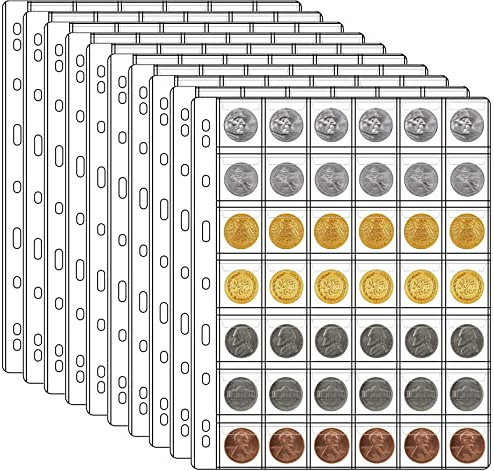 42 Pocket Coin Pages for Collectors, 10 Sheets Coins Sleeves Coin Holders Stamp Collector Supplies with Standard 9 Hole for Coin Binder, Coin Collection Supplies Pages for Pennies Quarters Stamps