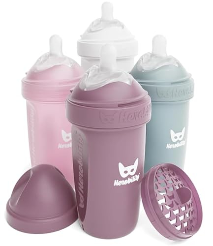 Herobility Doppelte Anti-Kolik-Babyflaschen – 8.5 fl oz/240 ml – 4er-Pack – Mehrfarbig baby flaschen – Weiß, Grau, Rosa, Weißdornrose