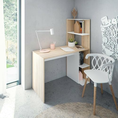 Dmora - Scrivania Pittston, Scrittoio lineare con libreria, Tavolo ufficio multiuso salvaspazio, 110x52h136 cm, Bianco e Rovere