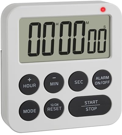 TFA Dostmann Timer digitale con cronometro e sveglia, 38.2051.02, fino a 99h/59min/59s, timer da cucina e per i compiti, sveglia a breve termine, con luce LED e 2 livelli di volume, magnetico, bianco