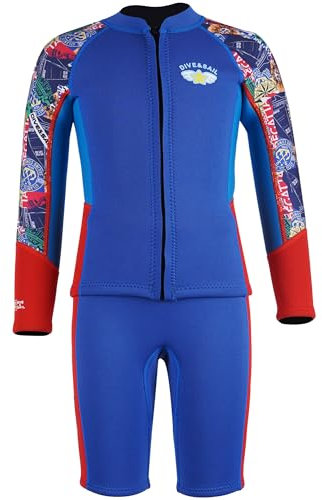 Neoprenanzug Kinder 2,5mm Neopren 2 teilig Badeanzug Jungen Mädchen Lange/Kurze Ärmel Tauchanzug Reißverschluss UV-Schutz 50+ Wetsuit zum Tauchen Schwimmen Surfen Neoprenanzug Saphirblau L