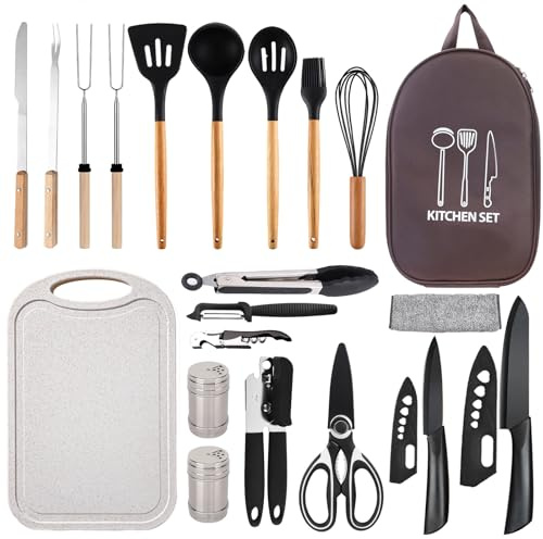 Pansyling Silicone Camping Cooking Set with Storage Bag, RV Camping Must Haves Car Camping Essentials Camper Accessories, Camping Kitchen Cooking Utensil for Picnic Hiking Travel