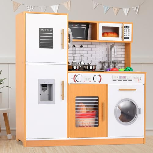 MAMIZO Play Kitchen for Kids, Wooden Chef Pretend Toy Kitchen w/Washing Machine, Water Dispenser, Stove, Real Sound & Light, Telephone, Range Hood, Oven, Sink for Toddler Preschooler Age 3+ (Natural)