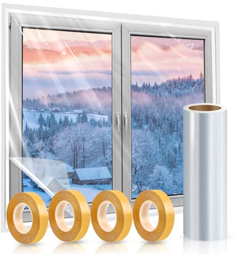 Window Insulation Kit, 87 × 394 Inch Plastic Window Covering for Winter, Window Insulation Film Window Wrap Insulation Windows Winterizing Kit with Double-Sided Tape for 3 Pcs 7 x 9 Ft Windows