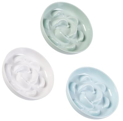 Comedero Gato Antivoracidad de Melamina - Juego de 3 Cuencos para Gatos de Alimentación Lenta - Serie Pastel - Apto para lavavajillas - Blanca, Azul y Verde