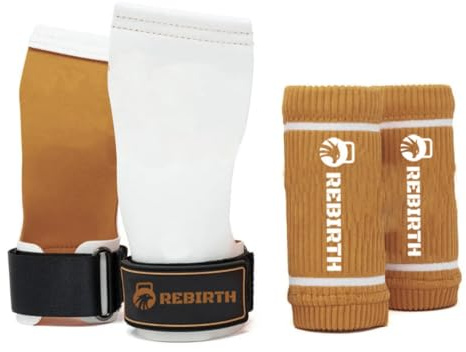 Handgrips + wrist bands | Workout gloves for men and women | Great for pull ups, weight lifting & Cross Training | Flexible Fabric Use with chalk | Orange & White