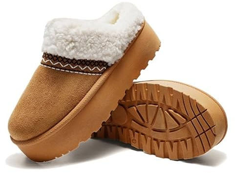 JOMIX Ciabatte Invernali Donna con Zeppa Fodera in Peluche Pantofole Pelose Calde Slip On con Suola Antiscivolo Stile Casual da Casa Imbottito con Pelliccia WPW255310 Cammello 38