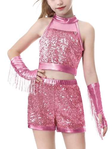 LOLANTA Disfraz de Danza con Lentejuelas para Niñas, Traje de Baile Hip Hop Jazz con Lentejuelas, Ropa de Baile para Niños con Camiseta Sin Mangas y Pantalones Cortos(Rosa Claro, 10-11 Años, 150)