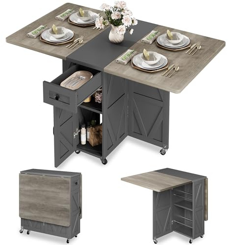 Jocoevol Klappbarer Esstisch mit Rollen, multifunktionaler Küchentisch mit 1 Schublade & 2-stöckigem Regal, platzsparender Esszimmertisch für kleine Räume, Küche & Esszimmer (Carlo Grau)