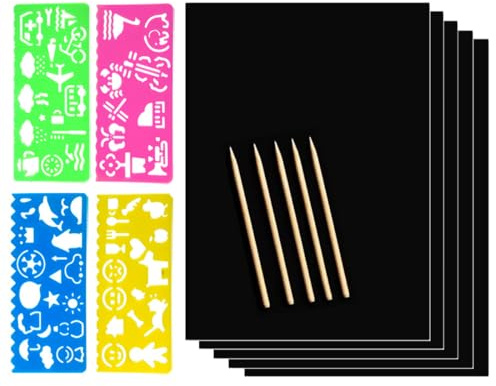 YUVKIN 50 Pezzi Scratch Art Fogli Neri da Grattare per Bambini Adulti, Kit Disegno Bambina e Giochi da Ristorante, Art and Craft Sets Regalo con 4 Stencil e 5 Stilo In Legno (18.5 * 12.7cm) (Nero)