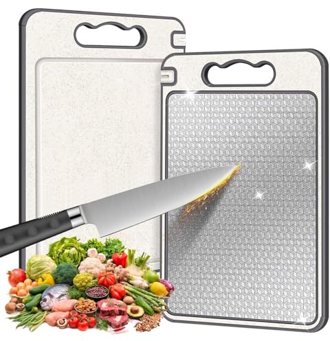 2-in-1 Premium Double-Sided Cutting Board - 304 Stainless Steel & Eco Wheat Straw PP - Integrated Knife Sharpener, Juice Groove, Non-Slip Mat (14.4 x 9.8 x 0.4)