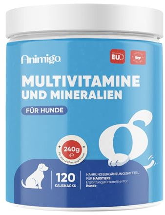 Multivitamin med Mineraler – 18-i-1 Vitaminer för hundar – 120 tuggtabletter – Med Vitamin B komplex, Vitamin C, D3, Kalcium, Järn, Koppar, Jod, Zink – Snacks för hundar & valpar som Immunstöd