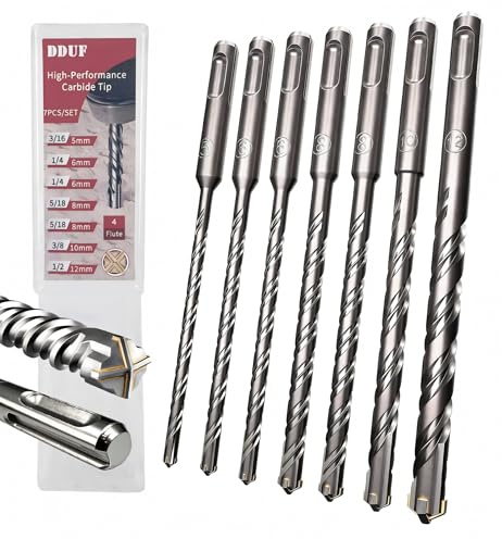 SDS Plus Masonry Drill Bit Set, 7pcs 6.3in (160mm) Rotary Hammer Drill Bits with Storage Case 4-Cutter Cross Tip Double Thread Tungsten Steel Concrete Drill Bit for Concrete, Brick, Stone, Walls