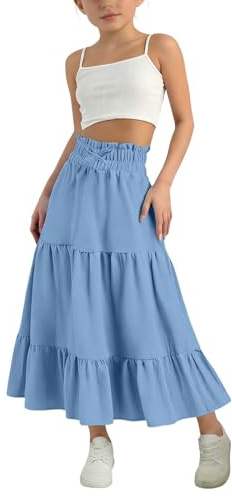 Jupes en coton et lin plissées à taille haute pour filles, jupe longue d'été pour adolescentes, enfants, tendance, mignonne, solide, robe décontractée, robe de plage et de danse, bleu, 7-8 ans