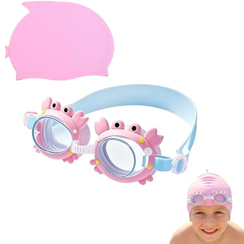 RevpoltIQ 2 Pack Kids Swim Goggles and Swim Cap for Girls Boys with Anti Fog Goggles Childrens Swimming Hat for Girls Adjustable UV Protection Anti Fog Swim Glasses for Children Toddler Teens