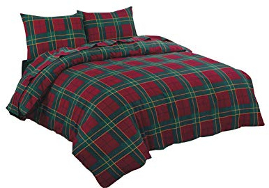 NZ Tartan Check Luxurious Flannel 100% Natural Brushed Cotton Thermal Duvet Cover Sets Reversible Bedding Sets (Red, Single)