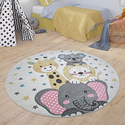 Paco Home Kinderteppich Kinderzimmer Moderne Pastell Farben, Niedliche Motive, 3D Effekt, Grösse:120 cm Rund, Farbe:Creme 4