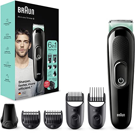 Braun Multi-Grooming-Kit 3, 6-in-1 Barttrimmer und Haarschneider für Haarentfernung Herren, Trimmer/Haarschneidemaschine, für Gesichts-, Kopf-, Ohren- und Nasenhaare, 5 Aufsätze, MGK3321, schwarz/grün