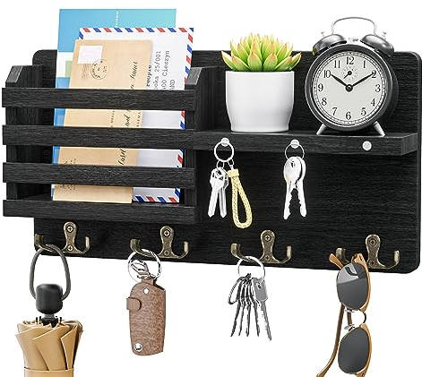 SWTYMIKI Key Holder for Wall with Magnet Hanging, Wooden Key Hooks Wall Mounted Shelf with Mail Sorter and 4 Double Hooks, Decorative Key Rack Key Hangers for Entryway, Mudroom, Bedroom, Living Room