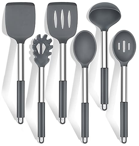 Küchenhelfer Set, HaWare 6 Stück Silikon Küchenutensilien Kochlöffel Set mit Edelstahlgriff, Antihaft Hitzebeständiger Kochutensilien Kochbesteck Set, Leicht zu Reinigen & Spülmaschinenfest - Grau