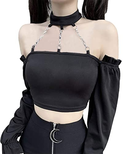 DINGJIUYAN Gargantilla sexy con cuello halter para mujer, estilo punk, vendaje, espalda descubierta, con hebilla, para verano, Negro, M