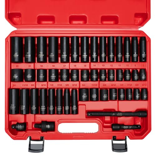 AMM 3/8 Drive Impact Socket Set, 48-Piece Standard SAE (5/16 to 3/4 inch) and Metric (8-22mm) Size, 3 and 6 Drive Extension Bar, Impact Universal Joint, 3/8 to 1/2 Impact Adaptor, CR-V