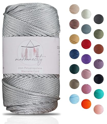 Makromecity makramégarn 2 mm x 115 m premium polyester makramérep polypropylen garn för hantverk heminredning platsplatta axelväska handväska löpare nappkedja 20 färger (ljusgrå)