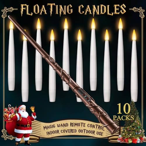 Floating Candles with Wand - Christmas Magic Hanging Flameless Candles Taper Candles with Remote for Halloween Window Home Bedroom Birthday Party Decorations (10 PCS White Candles + 1 Brown Wand)