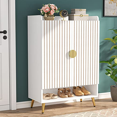Tribesigns Zapatero con 2 puertas, 75 x 37 x 110 cm, zapatero estrecho, 7 pisos, para 25 pares de zapatos, estantería para entrada, armario, salón, color blanco (blanco)