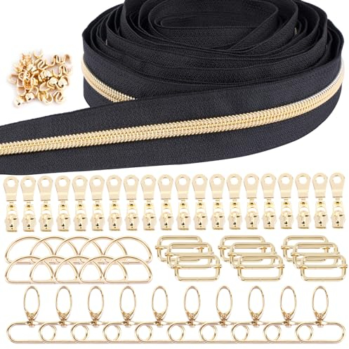 BOFUNX 6 Yards Reißverschlüsse mit 20 Stücke Reißverschlüsse Zipper 40 Stücke Reißverschlüsse Stopper und 30 Stücke 3.2cm D Ringe Karabiner Schnalle für Kleidung Taschen Nähen Reparatur