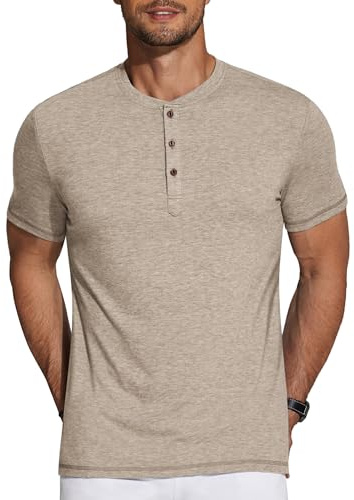COOFANDY Men's Short Sleeve Henley Shirts Basic Tee Summer Solid Button T Shirts Lightweight Shirts Khaki