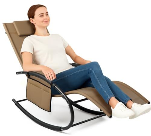 BAKAJI Chaise Longue à Bascule de Jardin, Chaise Longue gravité zéro avec revêtement en Textile avec appuie-tête, Fauteuil pour extérieur et intérieur, Balcon, Patio, terrasse (Marron)