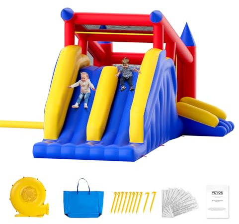 VEVOR Castello Gonfiabile, Trampolino da Gioco per Esterni, Castello Gonfiabile con Ventilatore, Scivolo e Borsa di Stoccaggio, Castello Gonfiabile per Giardino Familiare, 465 x 260 x 235 cm