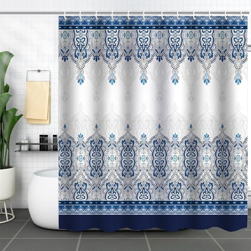 FAIRYGATE Vorhänge Boho Duschvorhang Blau Wasserdicht Duschvorhang 180x180 Blau Textil Badezimmer Vorhang Stoff Anti Schimmel Waschbar Wasserabweisend Badevorhang Luxus Fancy Shower Curtain B8608