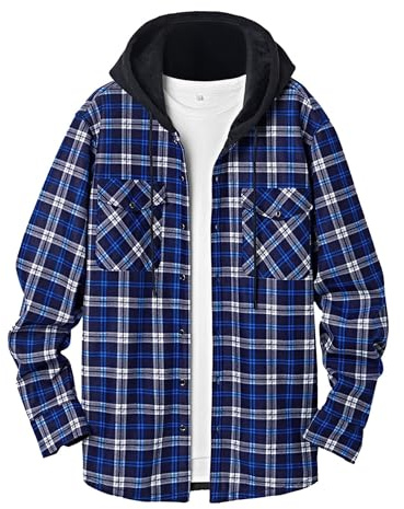 QIXING Chaqueta con capucha de franela a cuadros para hombre, chaqueta con forro de forro polar para invierno, chaqueta cálida con manga larga, suave, con botones, abrigo con capucha, Blanco Azul, XL