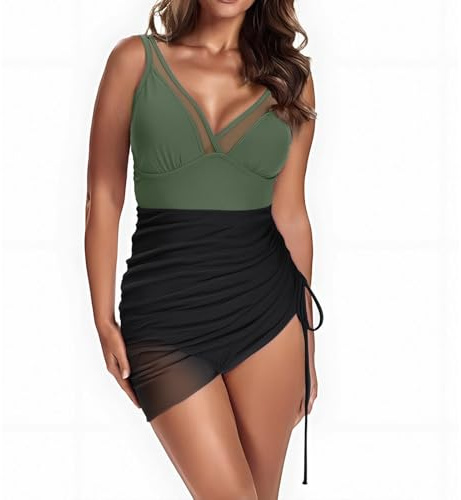 Yunshenla Maillot de Bain Femme 1 Pieces Gainant Ventre Plat Col V Maillot de Bain Sexy Bikini Grande Taille Swimwear Été Tulle Couleur Unie Tankini de Plage - avec Soutien-Gorge sans Armature(#07,L)