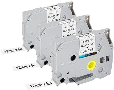 3X Kompatibel mit Brother TZe-231 P Touch Schriftband für Brother P-Touch Bänder 12mm TZ TZE Tape White Laminiertes Schriftband für P-Touch PT-H100R PT-H105 PT-H100LB PT-H110 H107B PT-D400 PT-1000