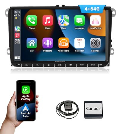 Essgoo 4+64G Autoradio Carplay 9 Zoll Android 14 Wireless Auto Radio Für VW Golf 5 6 Touran B6 EOS Tiguan Polo mit Bluetooth GPS RDS Navi Mirror Link FM SWC