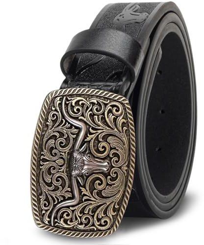 Oyifan Western Cowboy Cowgirl - Cinturón de cuero para hombre, diseño de toro largo con grabado floral, color marrón, hebilla grande, marrón, S Fit Waist 25-29inch