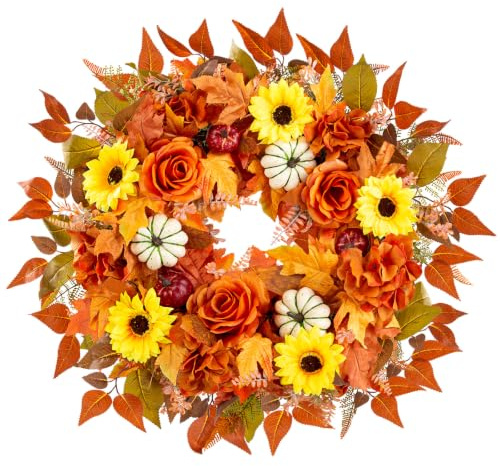 Corona Otoñal Artificial 60cm, Guirnalda Decorativa de Otoño con Calabazas, Girasoles, Rosas, Hojas de Arce, Eucalipto y Vid, Corona Floral Hecha a Mano para Puerta, Pared y Hogar